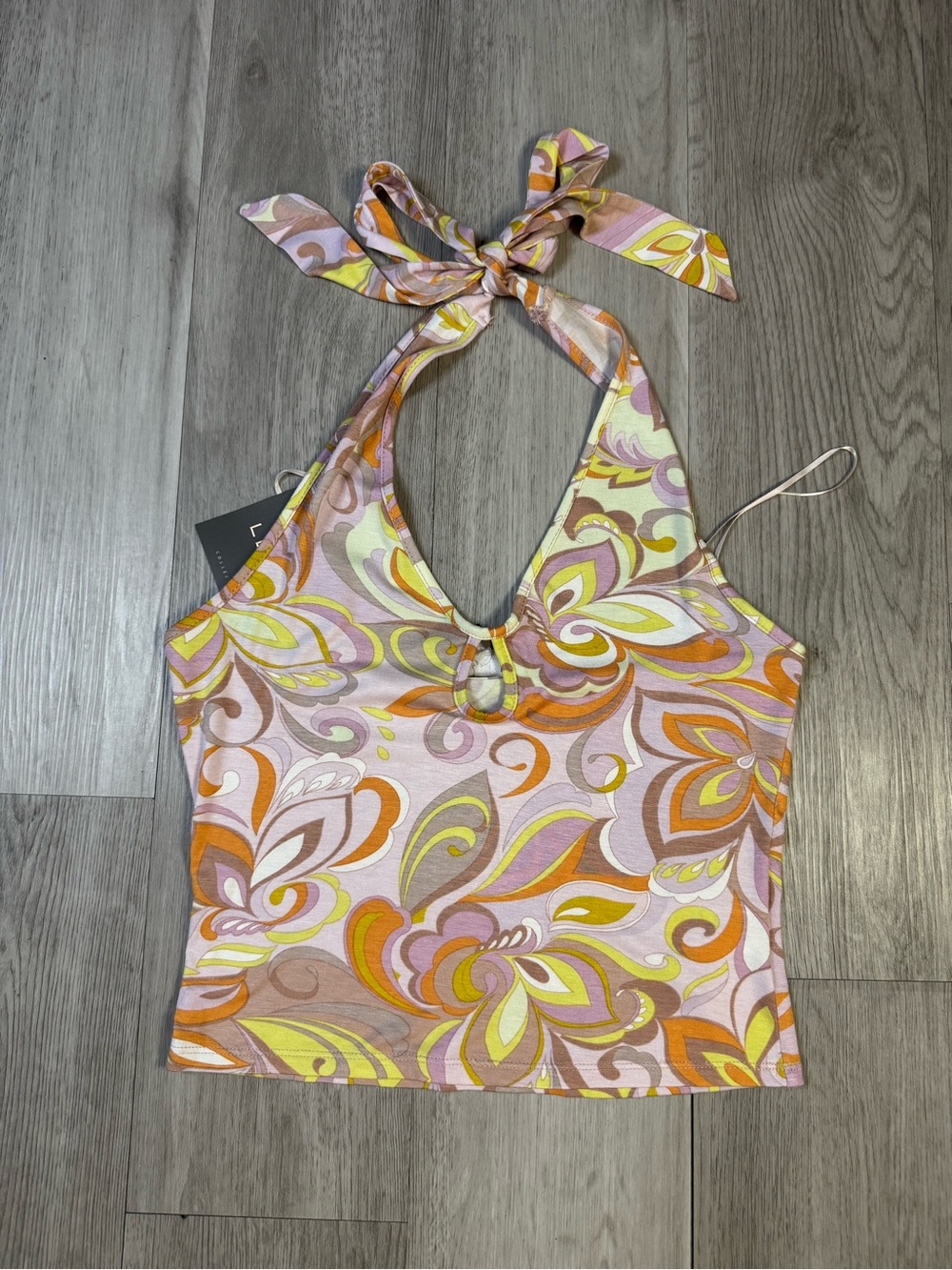 LE LIS Women’s Multicolor floral retro Halter Tie Neck Knit Crop Tank M NWT